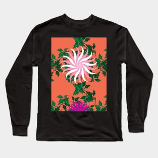 White, Pink, Cerise and Purple Flowers on a Vine Leaves and Orange background Long Sleeve T-Shirt